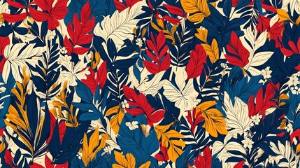 Wall Mural - vibrant tropical leaf pattern in red, blue, yellow, and cream. seamless design ideal for fabric, wal