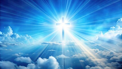 Wall Mural - religious background with a bright blue sky and sun rays, religion, faith, spiritual, belief, peacef