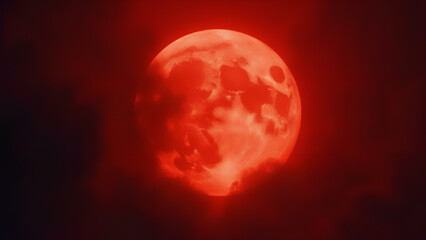 Wall Mural - Fantasy full red moon Horror spooky Halloween concept Cloudy night sky lit by a large closeup of a full moon in a glowing fantasy ethereal moon