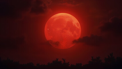 Wall Mural - Fantasy full red moon Horror spooky Halloween concept Cloudy night sky lit by a large closeup of a full moon in a glowing fantasy ethereal moon