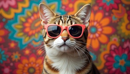 Aufkleber - A trendy cat rocking sunglasses with a lively, colorful backdrop full of vibrant patterns background