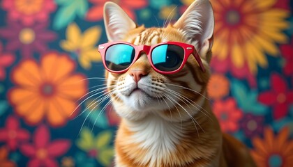 Fototapete - A trendy cat rocking sunglasses with a lively, colorful backdrop full of vibrant patterns background