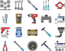 car repair tools wrench icons set vector. socket ratchet, pliers jack, lift screwdriver, multimeter, compressor, torque car repair tools wrench color line illustrations
