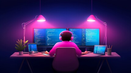 Coding session home office digital workspace tech environment programmer's viewpoint innovation concept