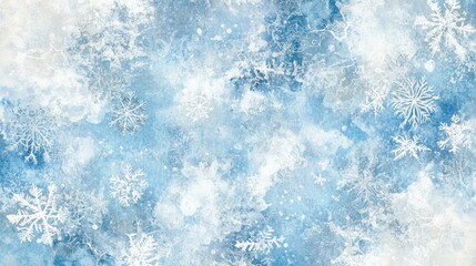 Wall Mural - Winter wonderland backdrop with an array of delicate snowflakes on a frosty blue and white background, creating a serene and festive atmosphere.