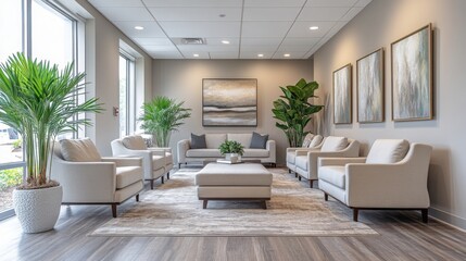 Leinwandbilder - A stylish waiting area showcases light-colored furniture arranged around a central coffee table, adorned with plants and artwork.