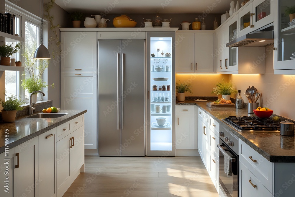 Interior of modern kitchen with counters and stylish fridge. Front view ...