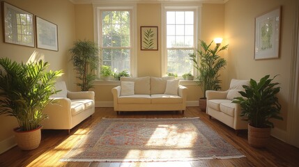 Poster - The cozy living room is illuminated by warm natural light, showcasing white couches and various indoor plants, offering a relaxing atmosphere during the afternoon.