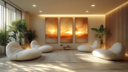 Aufkleber - A modern lounge area features soft bean bag chairs arranged in a circle, complemented by vibrant sunset artwork on the walls and lush indoor plants, creating a tranquil atmosphere.