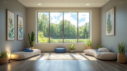 Fototapete - A tranquil meditation area features comfortable cushions, plants, and large windows allowing sunlight and nature views into the room, creating a calming atmosphere.