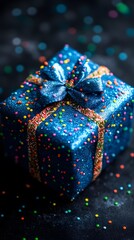 Blue gift box with colorful sprinkles and ribbon.