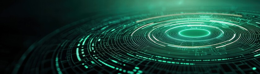 Aufkleber - A futuristic digital landscape featuring concentric circles and glowing green elements, evoking themes of technology and data visualization.