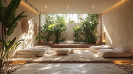Fototapete - This tranquil indoor area features minimalist seating with cushions, complemented by vibrant plants. Natural light floods the space, enhancing its peaceful atmosphere.