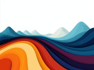 Fototapete - A vibrant, abstract landscape featuring wavy lines in various warm and cool colors, depicting hills and mountains against a minimalist background.