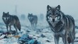 © Nathaphat - Animal pollution microplastics. Wolves in a snowy landscape with scattered clothes in the foreground.