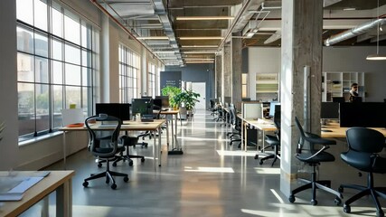 Wall Mural - Modern Industrial Office Space: Sunlight Streaming Through Large Windows