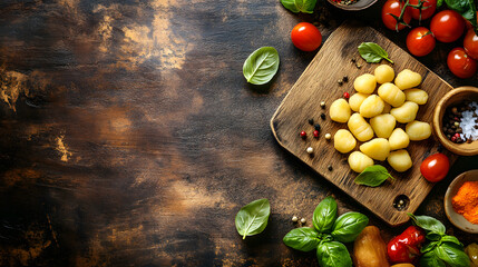 Wall Mural - Authentic gnocchi italian pasta, rustic top view space, hearty potato recipe tomato, aromatic basil traditional above, culinary excellence served.