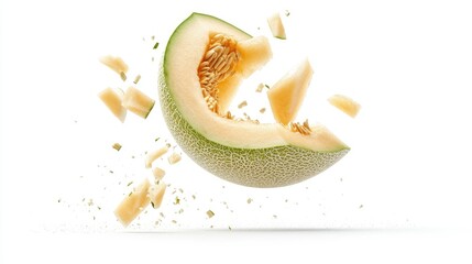 A sliced cantaloupe melon appears to be exploding with pieces in mid-air.