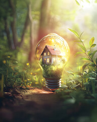 Wall Mural - A light bulb contains a miniature house surrounded by greenery, symbolizing eco-friendly living.