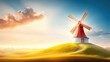 © Rinowz - An ancient windmill with red wooden walls and traditional wooden blades, situated on a rugged hill, surrounded by golden meadows glowing in the sunlight, under a bright sky with soft clouds