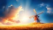 © Rinowz - An ancient windmill with red wooden walls and traditional wooden blades, situated on a rugged hill, surrounded by golden meadows glowing in the sunlight, under a bright sky with soft clouds