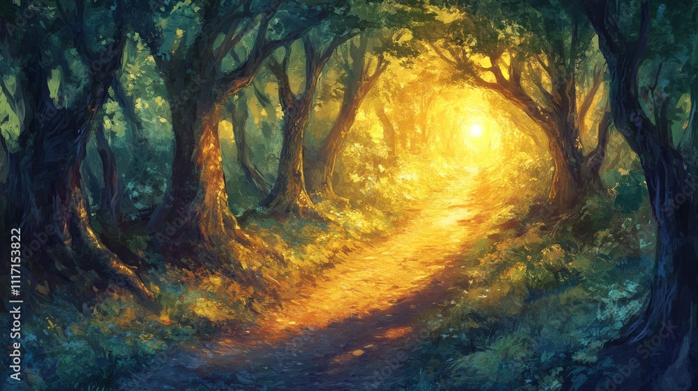 Mystical Forest Path Illuminated by Divine Light Enchanting Fantasy ...