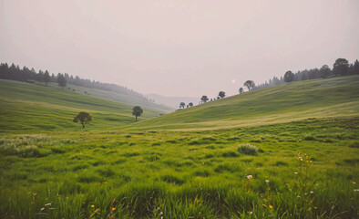 Fototapete - A large, open field with a few trees scattered throughout. The sky is overcast and the grass is lush and green