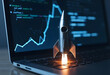 © PTD - rocket graphic on laptop keyboard with code and data visualization in background symbolizes innovation and technology