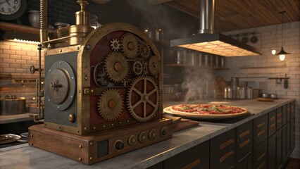 Steampunk-inspired kitchen with gear mechanism and pizza