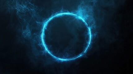 glowing blue circle ring in smoky dark background.