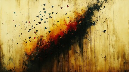 Wall Mural - abstract art painting with dark, fiery explosion and scattered triangles on a textured, yellow-gold 
