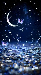 Wall Mural - Magical Night Scene Crescent Moon Butterflies Sparkling Stones