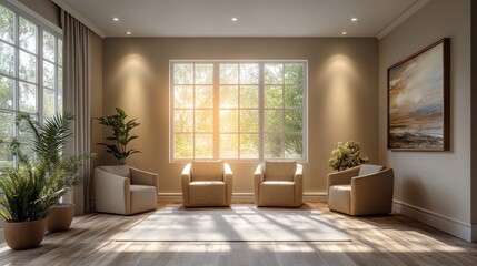 Poster - The living room features four comfortable chairs arranged around a cozy area rug, illuminated by warm sunlight pouring in through expansive windows.