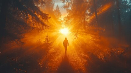 Aufkleber - In a serene forest, a person strides confidently towards a vivid sunset, illuminated by warm, golden rays piercing the misty trees. The atmosphere evokes a sense of tranquility.