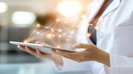 Wall Mural - a healthcare professional holds a tablet with digital connections, symbolizing technology integratio