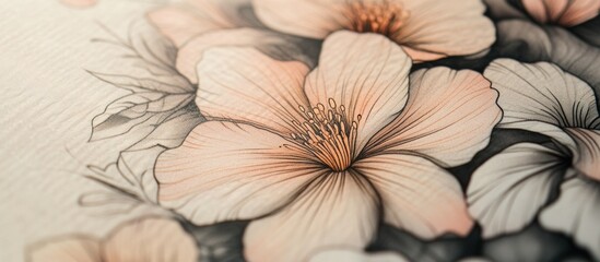 Poster - Close-up of delicate peach and gray flowers with detailed lines, creating a soft and elegant aesthetic.