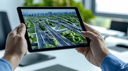 Wall Mural - a person holds a tablet displaying a detailed aerial view of a city with roads, greenery, and buildi