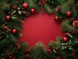 © Elizabeth Vakhterov - fir branches with cones and red balls are located along the border on a red background