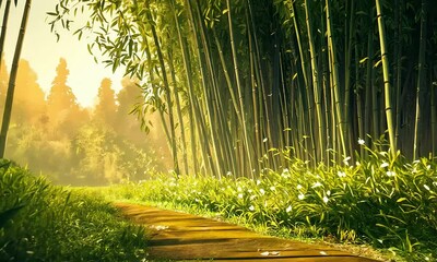 Wall Mural - A serene bamboo forest path illuminated by soft sunlight, inviting tranquility and reflection in nature.