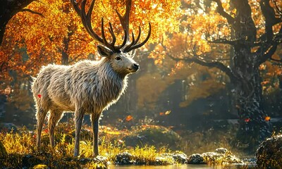 Wall Mural - A majestic, furry deer stands by a serene pond surrounded by vibrant autumn foliage, capturing the beauty of nature.