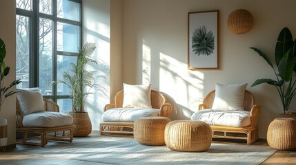 Aufkleber - Sunlight streams through the large windows of a stylish living room featuring rattan chairs, plush cushions, and vibrant indoor plants creating a warm, inviting atmosphere.