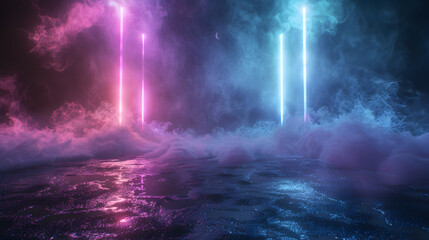 Wall Mural - a futuristic scene with purple and blue lights and smoke. scene is mysterious and otherworldly