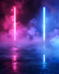 Wall Mural - a blue and pink lighted smokey background with two glowing lights. scene is mysterious and ethereal
