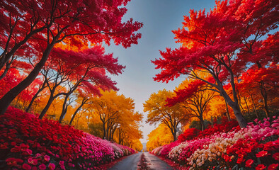 Poster - A road lined with trees and flowers in the fall. The trees are red and yellow, and the flowers are pink and white. The scene is peaceful and serene, with the colors of the trees