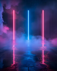 Wall Mural - a neon sign with three glowing lights and a purple haze in the background. the lights are pink and b