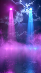 Wall Mural - two glowing lights in the sky above a body of water. the lights are purple and blue. the sky is clou