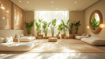 Poster - A calm meditation space features soft cushions on a woven rug, surrounded by lush greenery. The large windows let in gentle sunlight, enhancing the peaceful atmosphere.