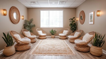 Poster - A tranquil wellness room showcases six rattan chairs arranged around a decorative rug. Soft lighting highlights potted plants and framed art in a calm, inviting atmosphere.