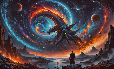 Wall Mural - a man stands in front of a dragon that is surrounded by a swirling mass of fire and space