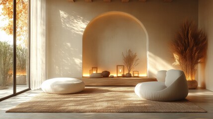 Aufkleber - A serene and minimalistic indoor setting showcases soft beanbag chairs, a natural fiber rug, and framed plants, creating a warm atmosphere.